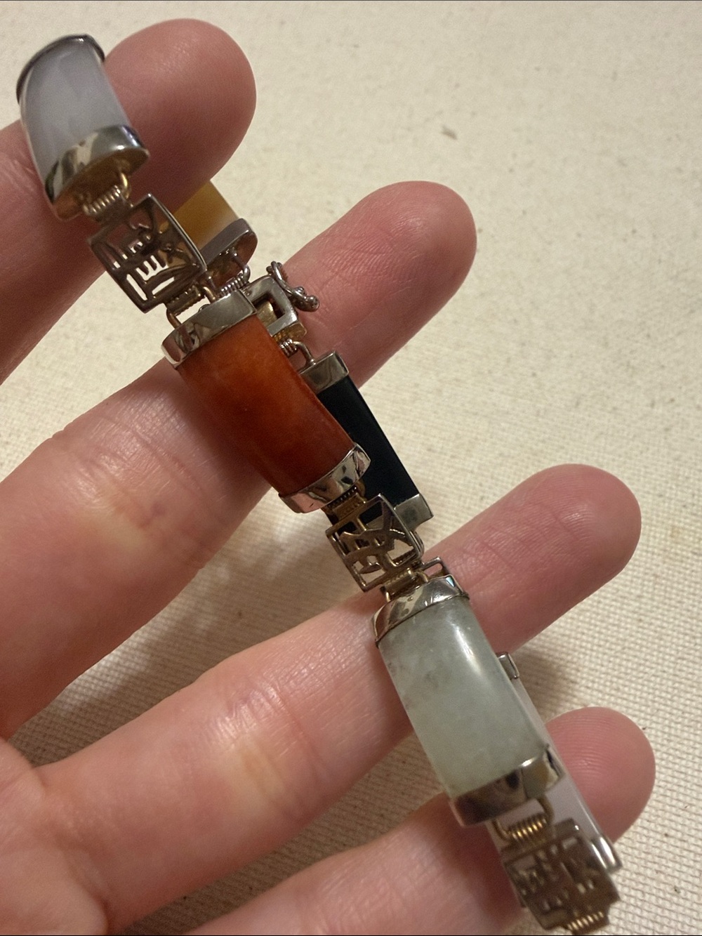 Vintage Sterling Silver 925 Multicolor Jade & Carnelian Link Bracelet 7.5’